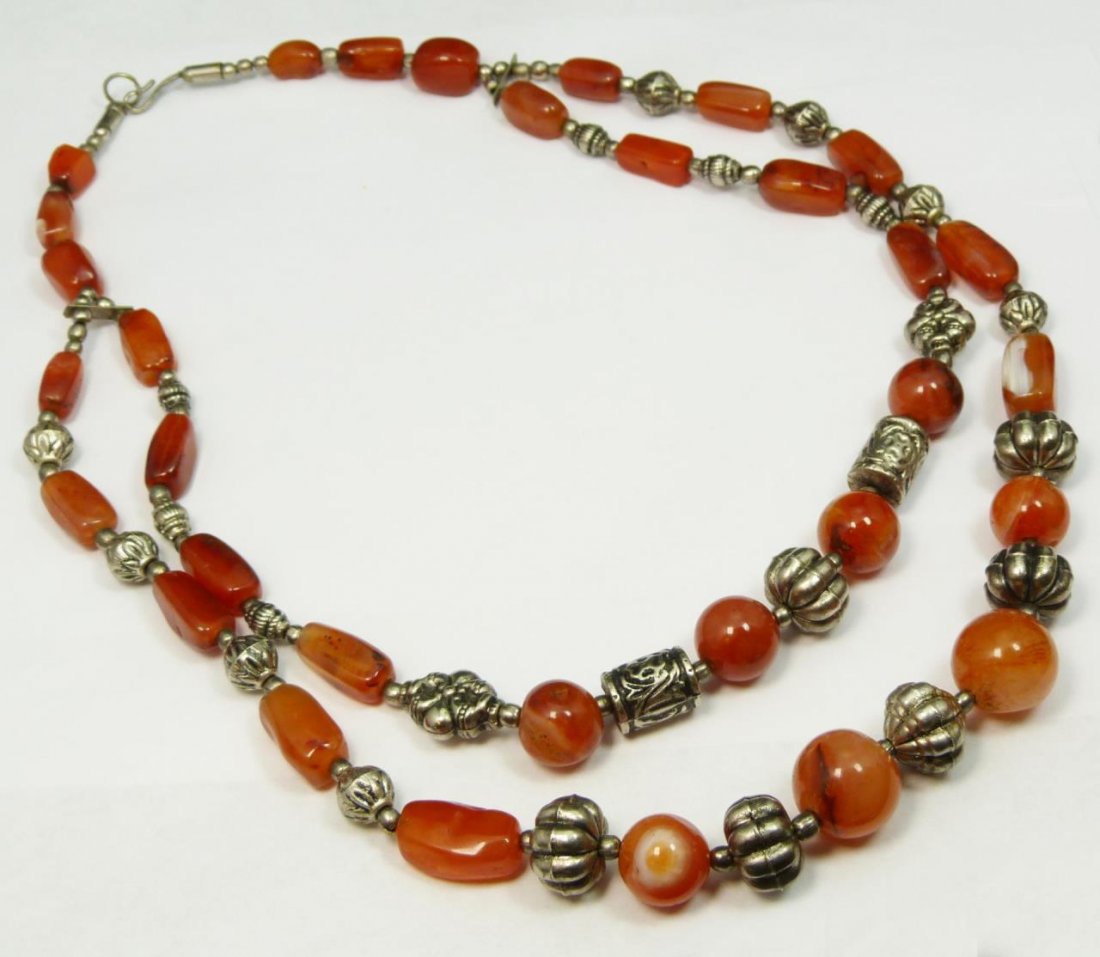 CHINESE CARNELIAN & SILVER DOUBLE STRAND NECKLACE: Measures 36" (91.44cm) Long. Total weight 164g.