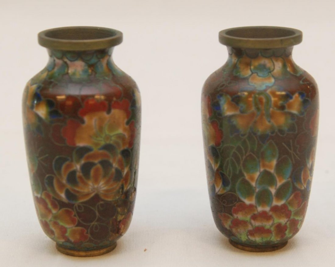 PAIR OF ANTIQUE CHINESE MINIATURE CLOISONNE VASES: With multi colored floral displays. Each measures 2 1/2" (6.35cm) Tall. Total collective weight 58g.