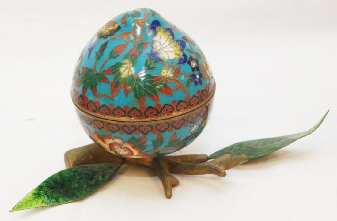UNUSUAL VINTAGE CLOISONNE BOX ON BRANCH: Depicting an egg shape box on a branch base with three cloisonne leaves. Measures 8" (20.32cm) Long x 5 1/2" (13.97cm) Tall. Total weight 483g.
