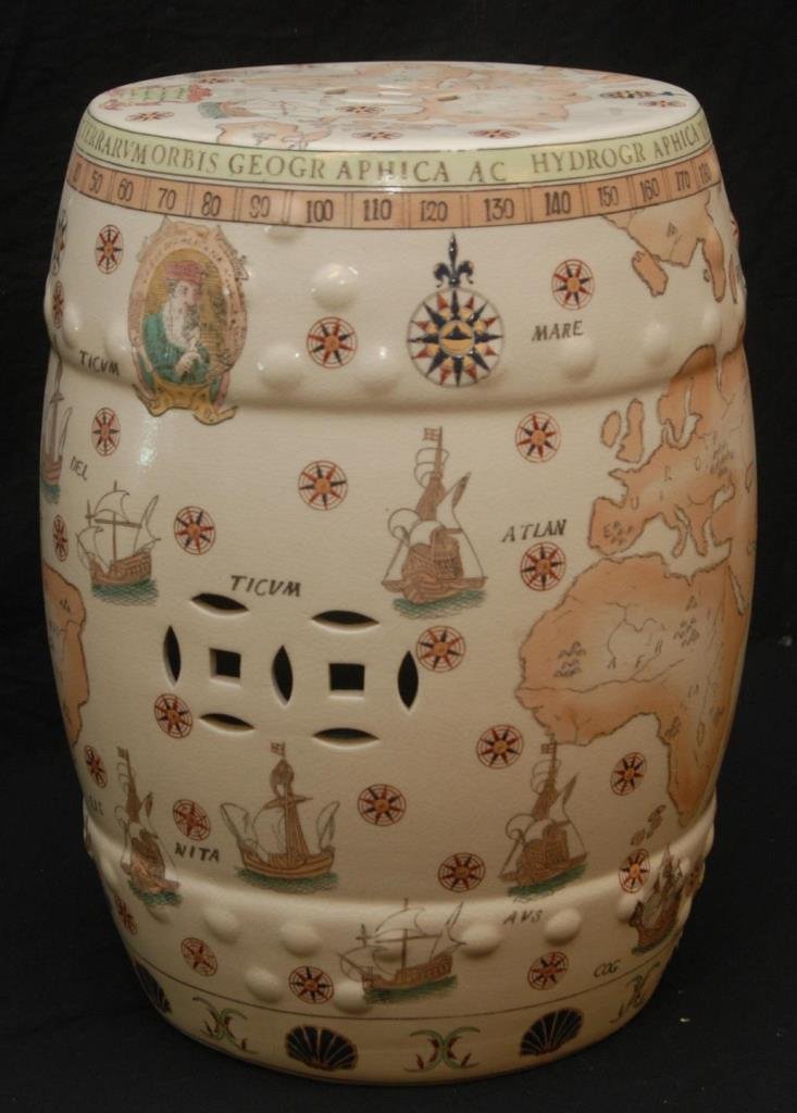 CHINESE STYLE PORCELAIN WORLD MAP GARDEN: Chinese style porcelain garden seat having world map design with enamel embellishments. Measures 18 1/2" height x 14" diameter (47cm x 35.6cm). Total weight approx. 10.5 kilograms.