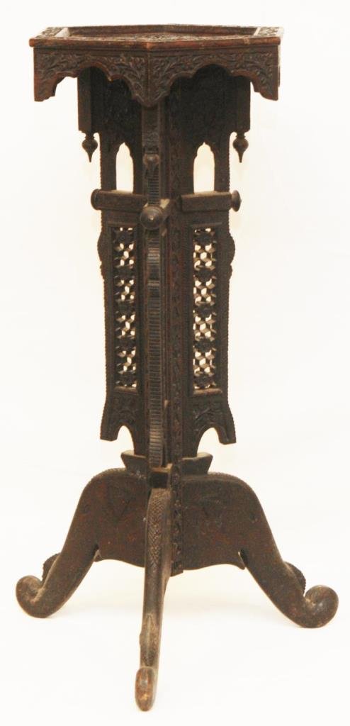 ANTIQUE HAND CARVED MOROCCAN SIX SIDED TABLE: three legged table which stand 29" (73.66cm) Tall. All floral carved and dates to the early 20th century. Total weight 10lbs.
