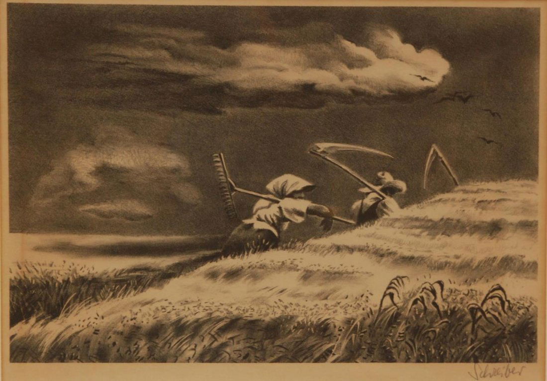 GEORGE SCHREIBER ANTIQUE ETCHING WORKING THE FIELD: Signed to lower right in pencil. Measures 10" (25.4cm) Tall x 13 1/2" (34.29cm) Wide + 3" (7.62cm) mat and frame. Total weight 1.38kg.