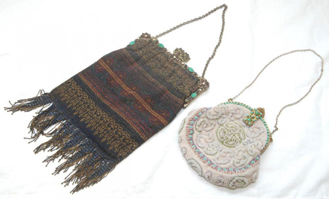 2 ANTIQUE FRENCH BEADED EVENING PURSE: A lot of 2 antique French micro beaded and jeweled handbag purses. Each with gilt metal frame. Largest measures approx. 12" length x 6 1/4" width (30.5cm x 15.8cm). Total weight approx. 600 grams.