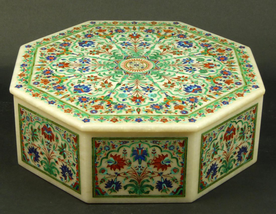 IMPRESSIVE INDIAN STONE INLAY OCTAGONAL COV'D BOX: An intricately crafted Indian marble box having stone inlay design with malachite, lapis lazuli, carnelian agate and turquoise. Measures approx. 3 1/4" height x 10" diameter (8.3cm x 25.4cm). Total we