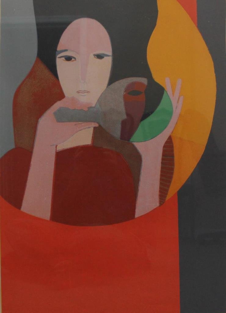 ANDRE MINAUX ARTIST PROOF LITHOGRAPH OF WOMAN: Andre Minaux (FRENCH, 1923 - 1986) artist proof lithograph depicting a woman holding a mirror with the reflection of a face in it. Pencil signed lower right with 'E.A.' to lower left. Mounted in green