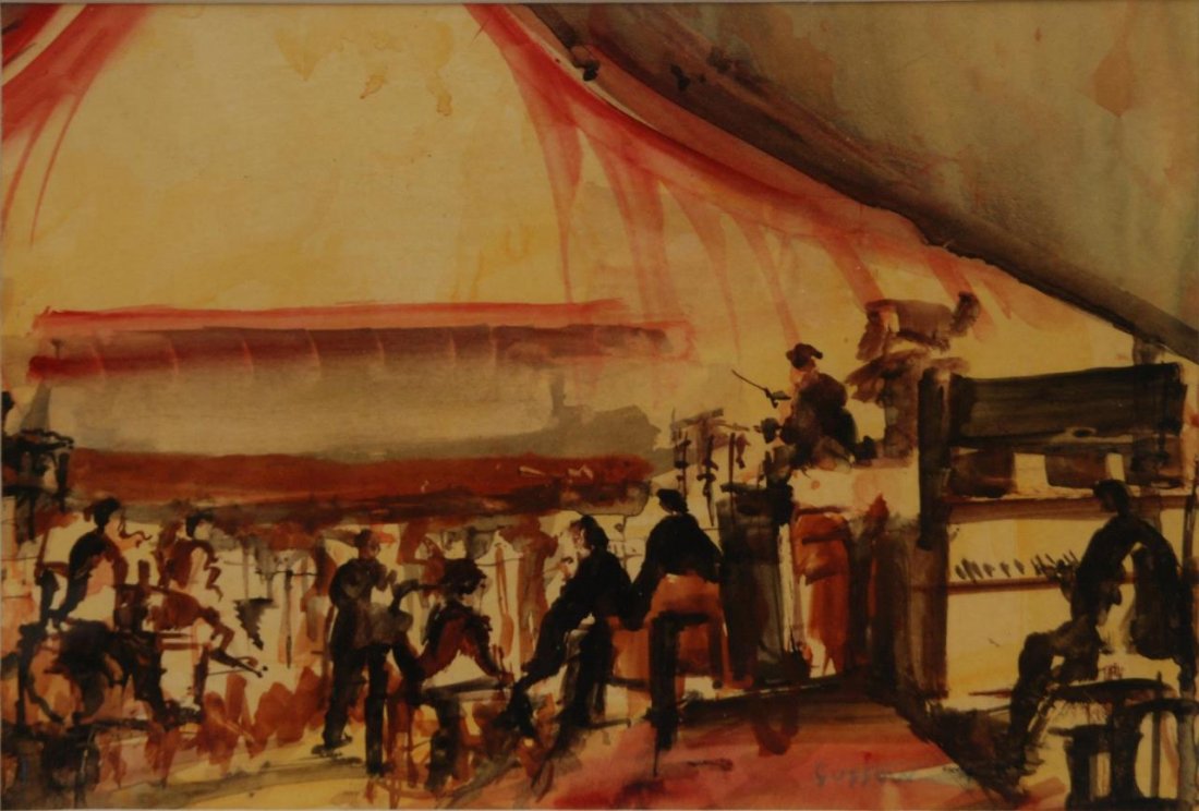 BERNARD GUSSOW (RUSSIAN) WATERCOLOR ON BOARD: Featuring a band at play. Signed to lower right. Measures 13" (33.02cm) Wide x 9" (22.86cm) Tall + 5" (12.7cm) mat and frame. Total weight 2.55kg.