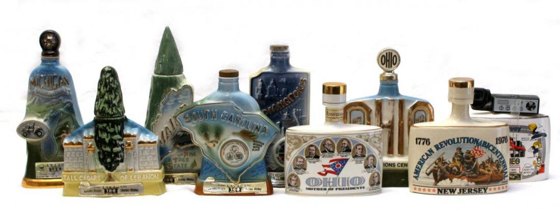 NINE VINTAGE FLASK & STATE LTD. ED. LIQUOR BOTTLES: Tallest measures 12" (30.48cm) Tall. Total collective weight 7.8kg.