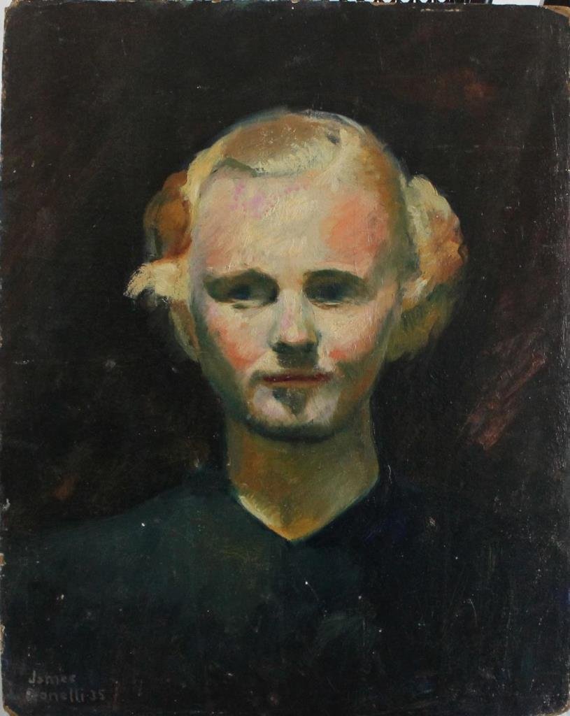 JAMES BONELLI 1935 PORTRAIT OIL PAINTING ON BOARD: James P. Bonelli (AMERICAN/PHILADELPHIA, 1916 - 2000) original oil painting on board depicting a blonde haired man. Signed to lower right 'James Bonelli' and dated 1935. Measures approx. 20 1/4" heigh