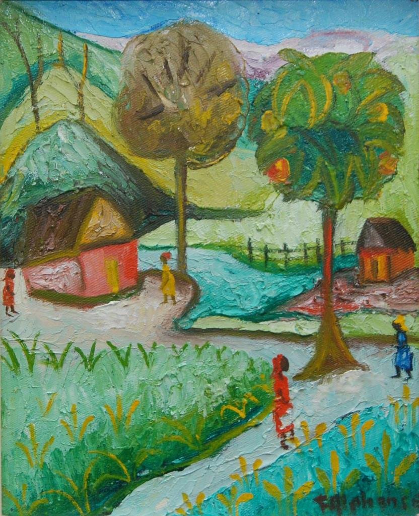 FRITZER ALPHONSE HATIAN OIL PAINTING ON CANVAS: Fritzner Alphonse (HATIAN, 1938 - 2006) oil painting on canvas depicting a village scene with people. Signed 'F Alphonse' to lower left. Mounted in wooden frame. Measures approx. 10" height x 8 1/4" w