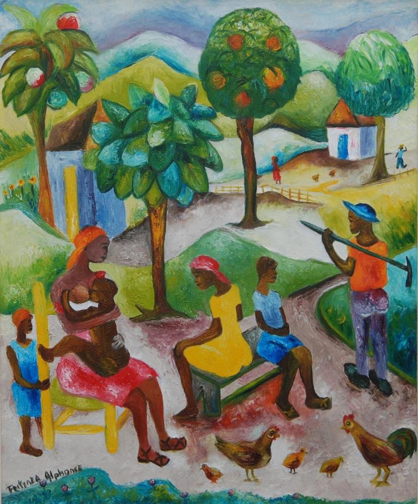 FRITZER ALPHONSE HATIAN OIL PAINTING ON CANVAS: Fritzner Alphonse (HATIAN, 1938 - 2006) oil painting on canvas depicting a village scene with family and chickens. Signed 'Fritzner Alphonse' to lower left. Mounted in wooden frame. Measures approx. 2