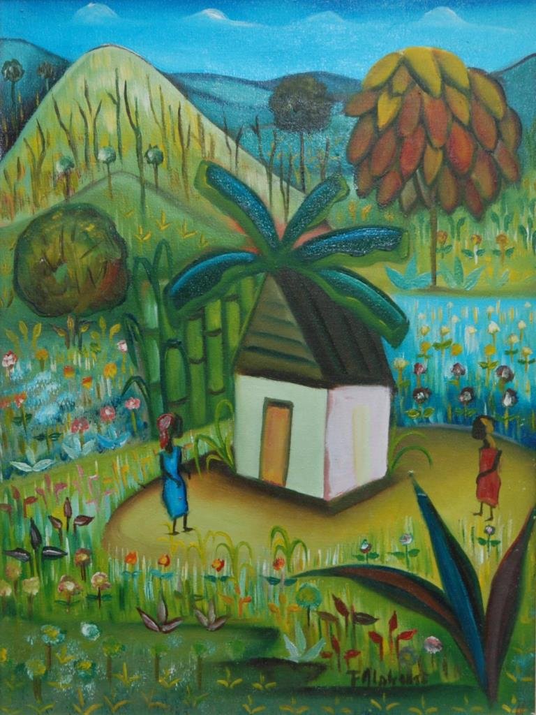 FRITZER ALPHONSE HATIAN OIL PAINTING ON CANVAS: Fritzner Alphonse (HATIAN, 1938 - 2006) oil painting on canvas depicting a village scene with women and cottage. Signed 'F Alphonse' to lower right. Mounted in wooden frame. Measures approx. 16" heigh