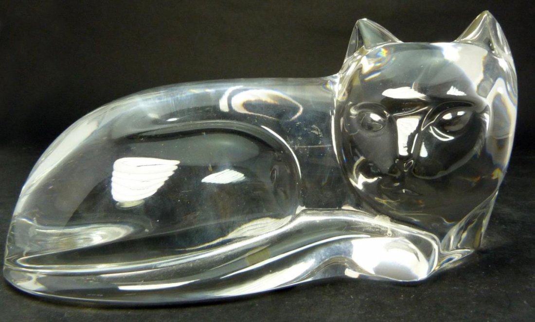 VAL ST. LAMBERT CRYSTAL FIGURAL RECUMBENT CAT: Val St. Lambert Belgian crystal sculpture depicting a recumbent cat. Acid etched mark to bottom. Measures approx. 3 1/2" height x 7" length (8.9cm x 17.8cm). Total weight approx. 1685 grams.