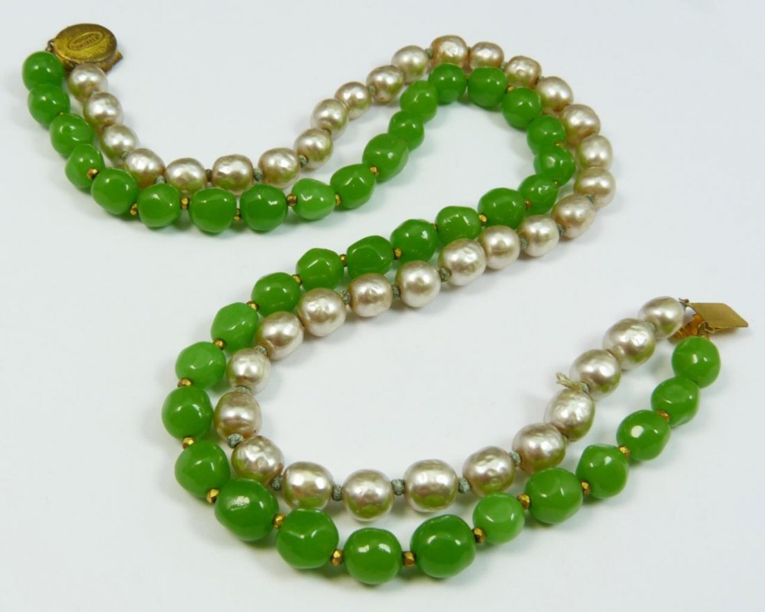 MIRIAM HASKELL JADE AND PEARL COSTUME NECKLACE: Miriam Haskell jade and pearl costume double strand necklace. Gold tone clasp with raised marks. Measures approx. 15 1/4" length (38.8cm). Total weight approx. 78.6 grams.