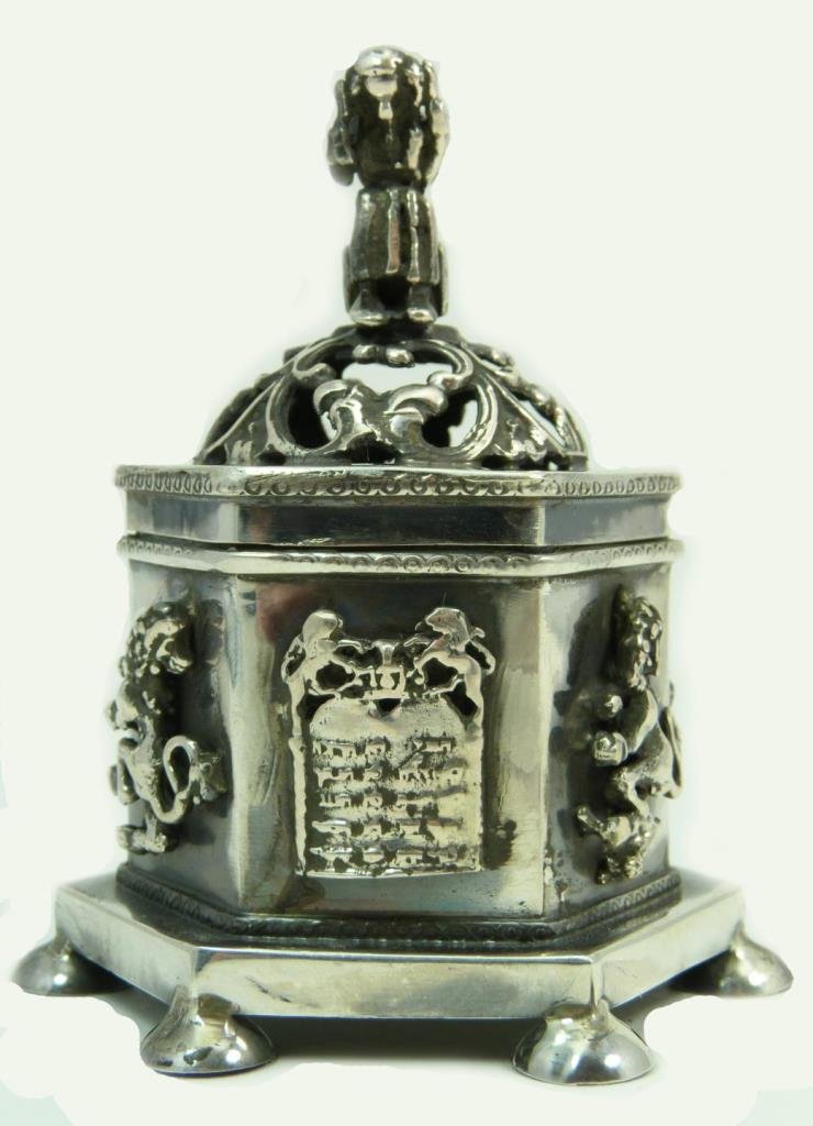 RUSSIAN IMPERIAL JUDAICA STERLING SPICE BOX: RUSSIAN IMPERIAL JEWISH STERLING SPICE BOX Signed to base 84 for sterling and 873 Markers mark B.C. Has a woman praying as finial. Measures 3-1/2" tall (8.89cm) Has the 10 commandments, menorah, lions