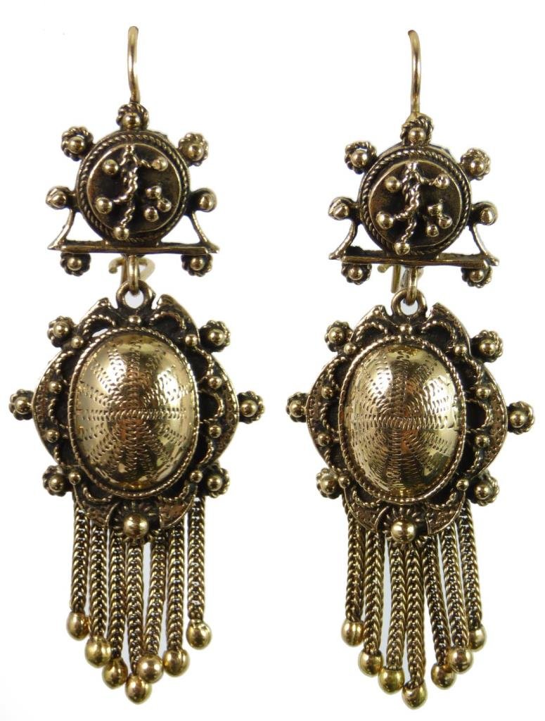 Pr. VICTORIAN 14K YG TASSEL DANGLE EARRINGS: A pair of vintage Victorian Revivial 14k yellow gold hanging earrings with tassel design. Each marked '14K' to placards on verso. Secured fish hook backs. Earrings measure approx. 2 1/4" length (5.7cm