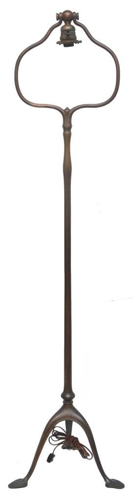 TIFFANY STUDIOS BRONZE TRIPOD FLOOR LAMP #423: Tiffany Studios bronze tripod pole floor lamp. Marked TIFFANY STUDIOS NEW YORK 423 to bottom. Circa 1920's. Measures approx. 55 1/2" height (141cm).