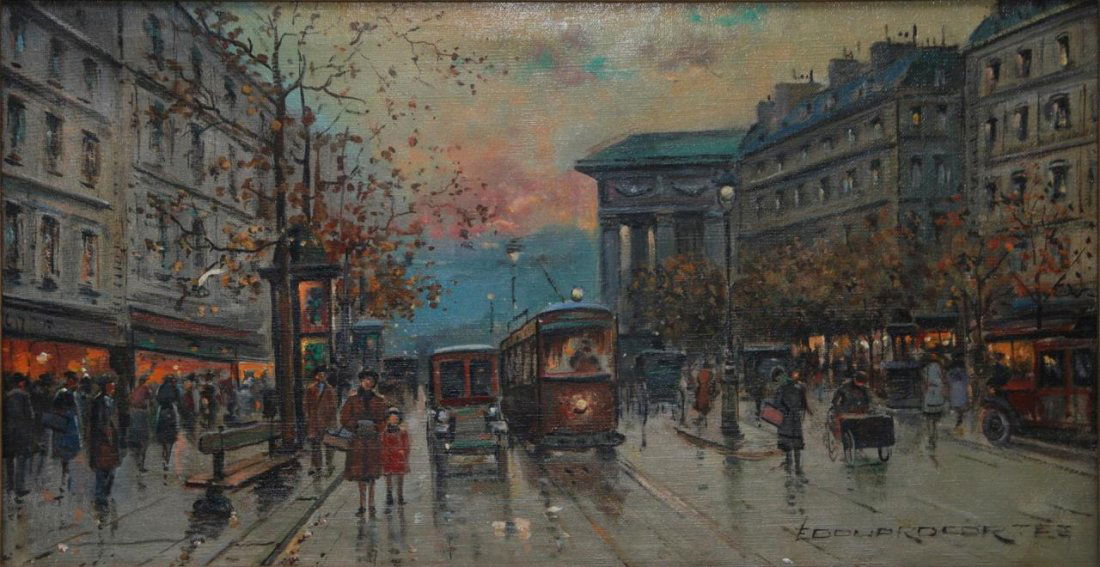 STREET SCENE OIL ON CANVAS ATTR EDOUARD CORTES: French street scene oil painting on canvas depicting 'Boulevard de la Madaleine' attributed to Edouard Leon Cortes (FRENCH, 1882-1969). Signed 'EDOUARD CORTES' to lower right. Mounted in gilt wooden f