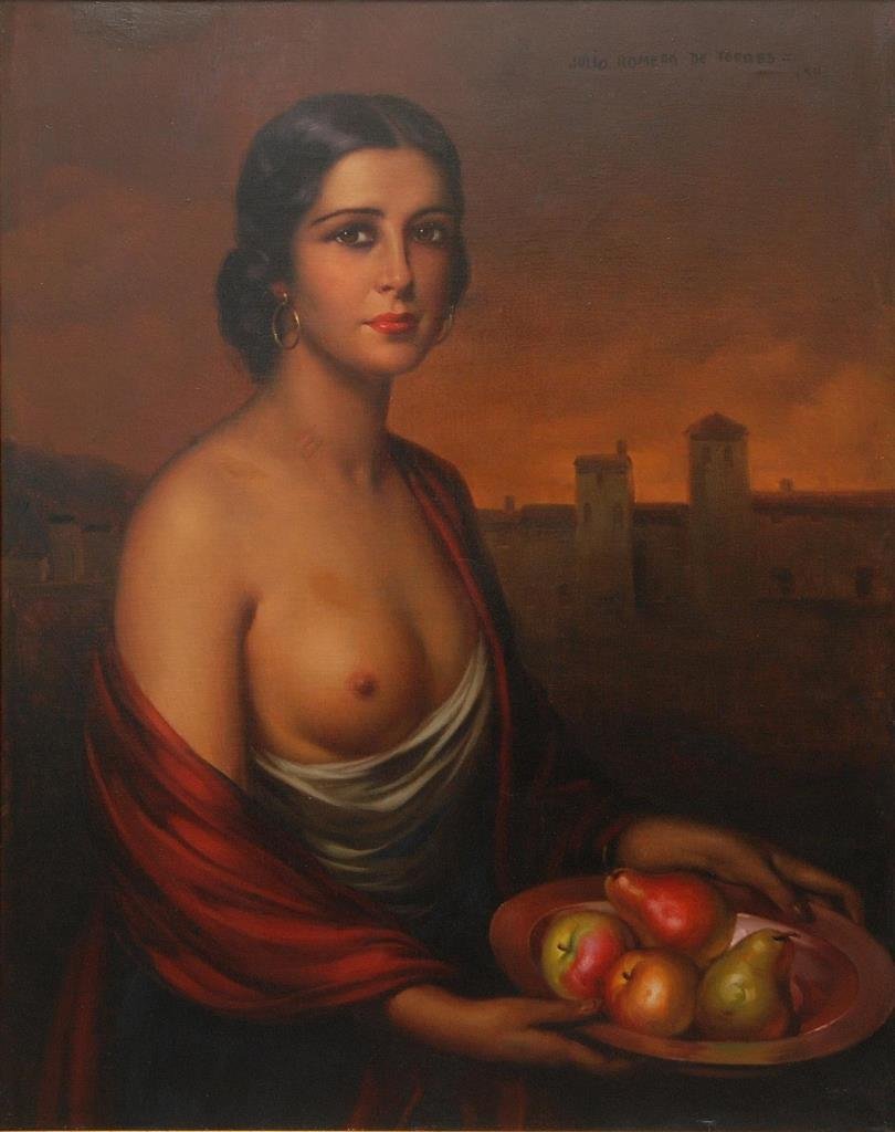 OIL ON CANVAS PORTRAIT ATTR J. ROMERO DE TORRES: Attributed to Julio Romero de Torres (SPANISH, 1874 - 1930) oil painting on canvas depicting the portrait of a partially nude beauty holding a bowl of fruit. Signed to upper right hand corner and date