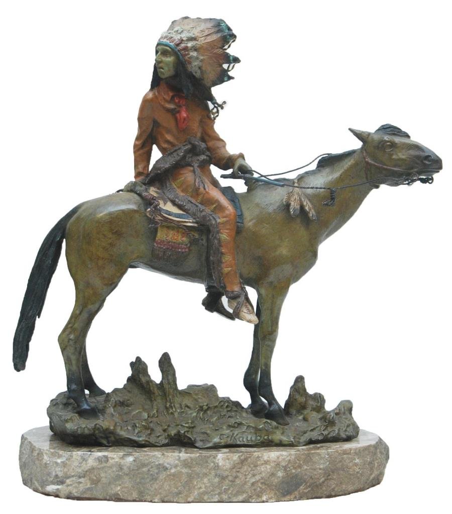 AFTER CARL KAUBA POLYCHROMED "INDIAN ON HORSEBACK": By the listed Austrian artist Kauba. Signed to base C. Kauba and mounted on a polished granite base. Measures 13" (33.02cm) Long x 12" (30.48cm) Tall. Total approx weight 12lbs.