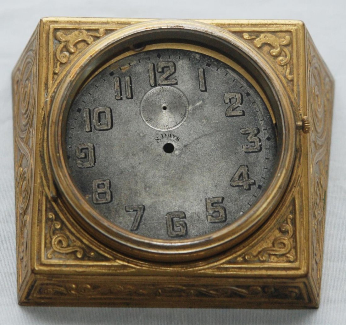 MARSHALL FIELD & CO BRONZE NOUVEAU CLOCK CASE: Marshall Field & Company gilt bronze Art Nouveau desk clock case. Marked 'MADE BY MARSHALL FIELD & CO.' to bottom and numbered 1/26. Measures approx. 2 3/8" height x 5" depth x 4 3/8" width (6cm x 13c