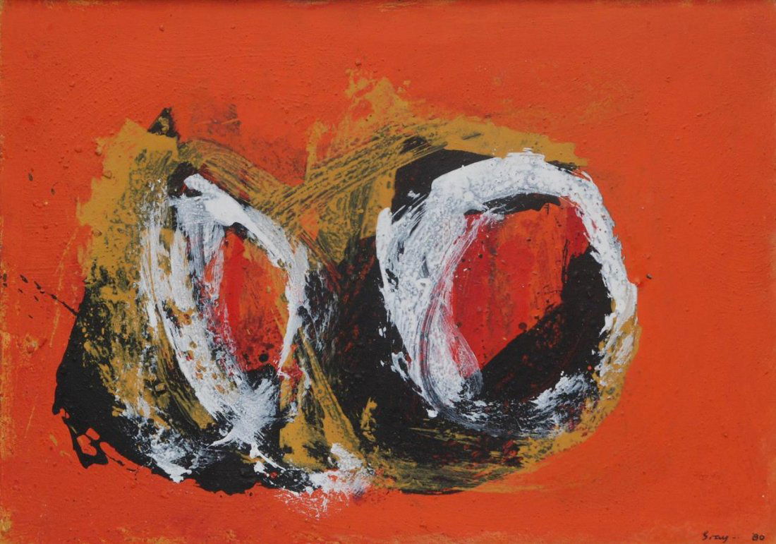 CLEVE GRAY MIXED MEDIA ON CANVAS 'ROMAN WALLS #65': Cleve Gray (AMERICAN/ITALIAN/FRENCH, 1918 - 2004) original mixed media oil and marble dust abstract impressionist work having an orange ground. Executed on paper then further laid to canvas. Signed 'G