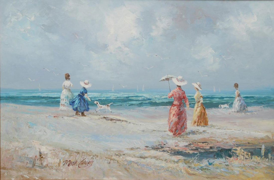 MARIE CHARLOT BEACH SCENE OIL PAINTING ON CANVAS: Marie Charlot (20th Century) oil painting on canvas depicting a beach scene with women and girls in dresses with dogs. Signed 'MARIE CHARLOT' to lower right. Mounted in gilt wood frame with matting. M