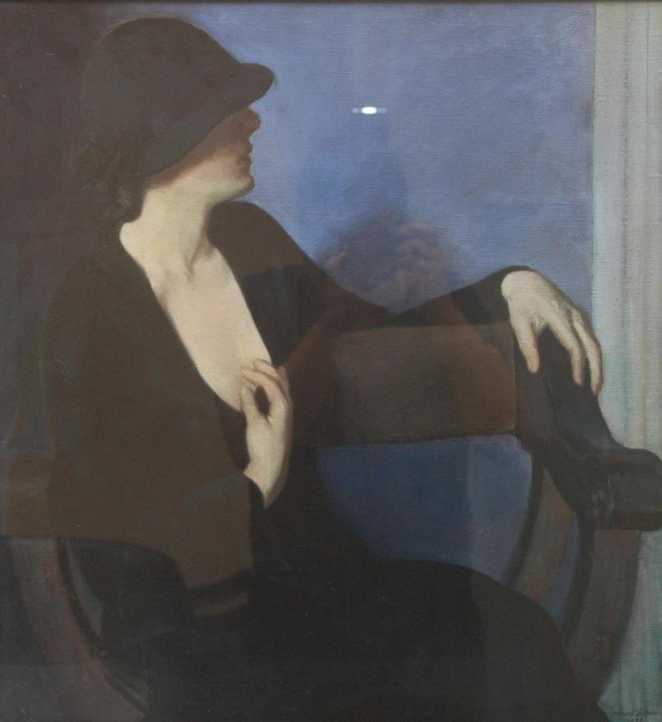 PRINT OF SEATED WOMAN AFTER BERNHARD GUTMANN: Print depicting a woman with black dress seated after Bernhard Gutmann (GERMAN/AMERICAN, 1869-1936). Mounted in wooden frame behind glass screen. Z Galleries label to verso. Measures approx. 23" heigh
