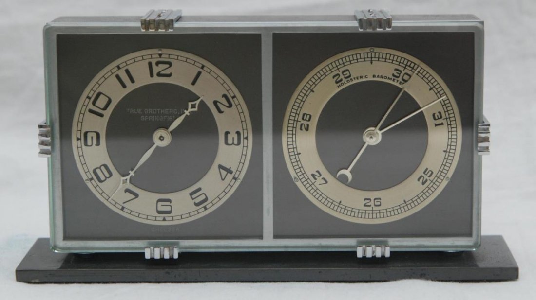 TRUE BROTHERS INC CLOCK & BAROMETER: True brothers Inc clock & barometer. Measures 4' tall by 7" wide (10.16cm tall by 17.78cm wide),Total weight 1745g.