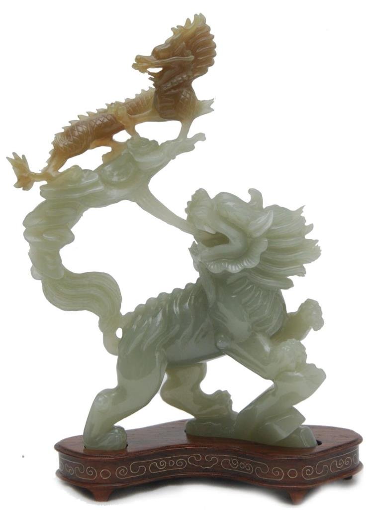 CHINESE PALE GREEN JADE FOO LION & DRAGON GROUP (1 of 5)