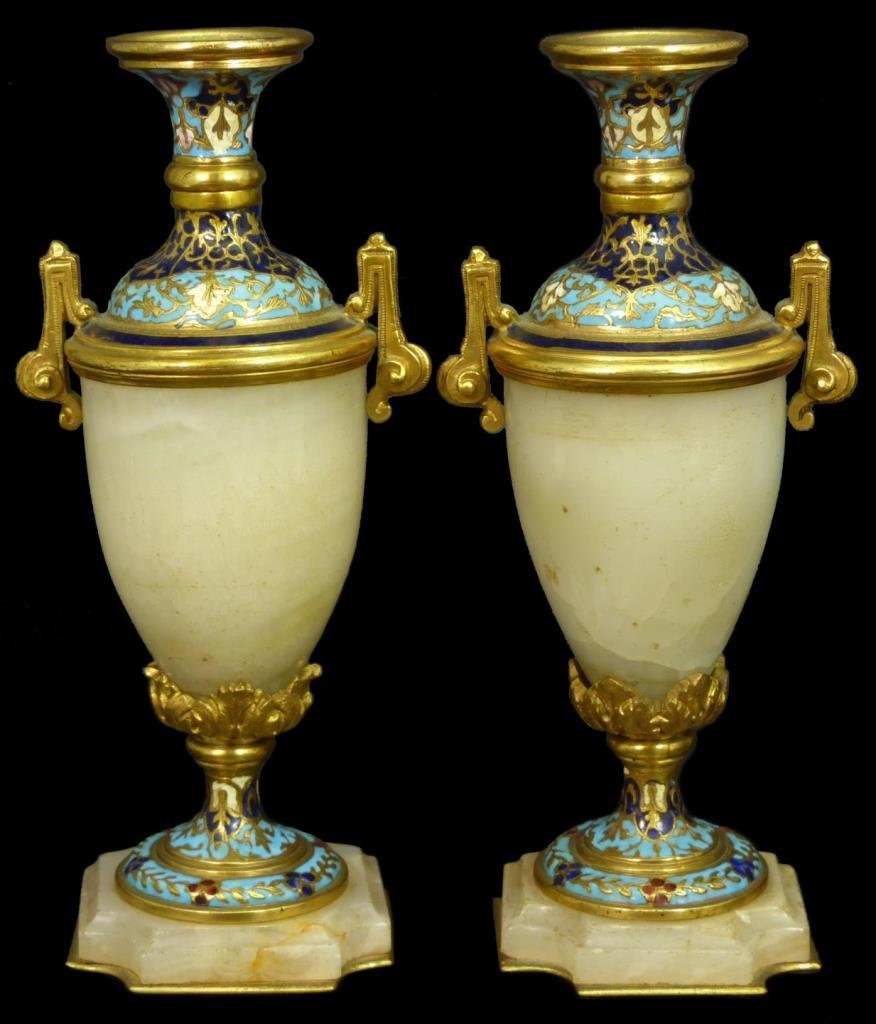 Pr ANTIQUE FRENCH CHAMPLEVE DORE & ONYX URNS (1 of 4)