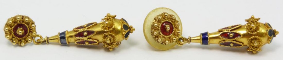 Pr. 18K YG FILIGREE ENAMELED DROP EARRINGS (1 of 4)