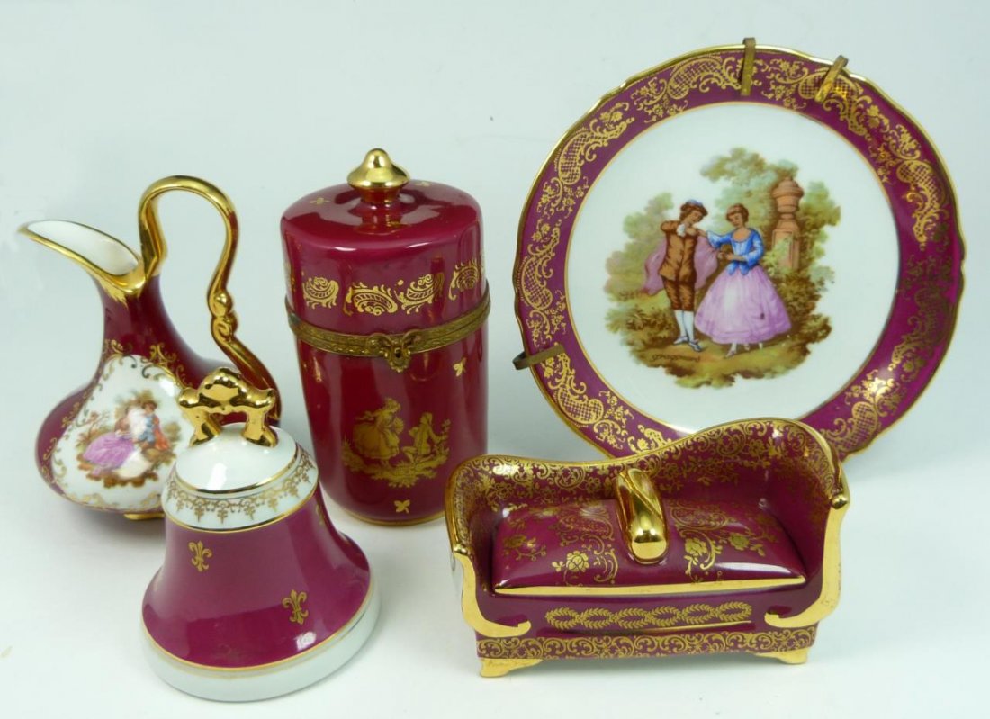 LOT OF 5 LIMOGES PORCELAIN BURGUNDY GROUND ITEMS (1 of 10)