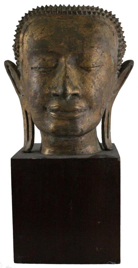 THAI GILT BRONZE BUDDHA HEAD SCULPTURE ON BASE (1 of 7)