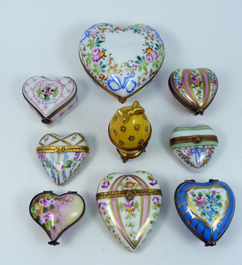 9 LIMOGES PORCELAIN HEART & EGG TRINKET BOXES (1 of 10)