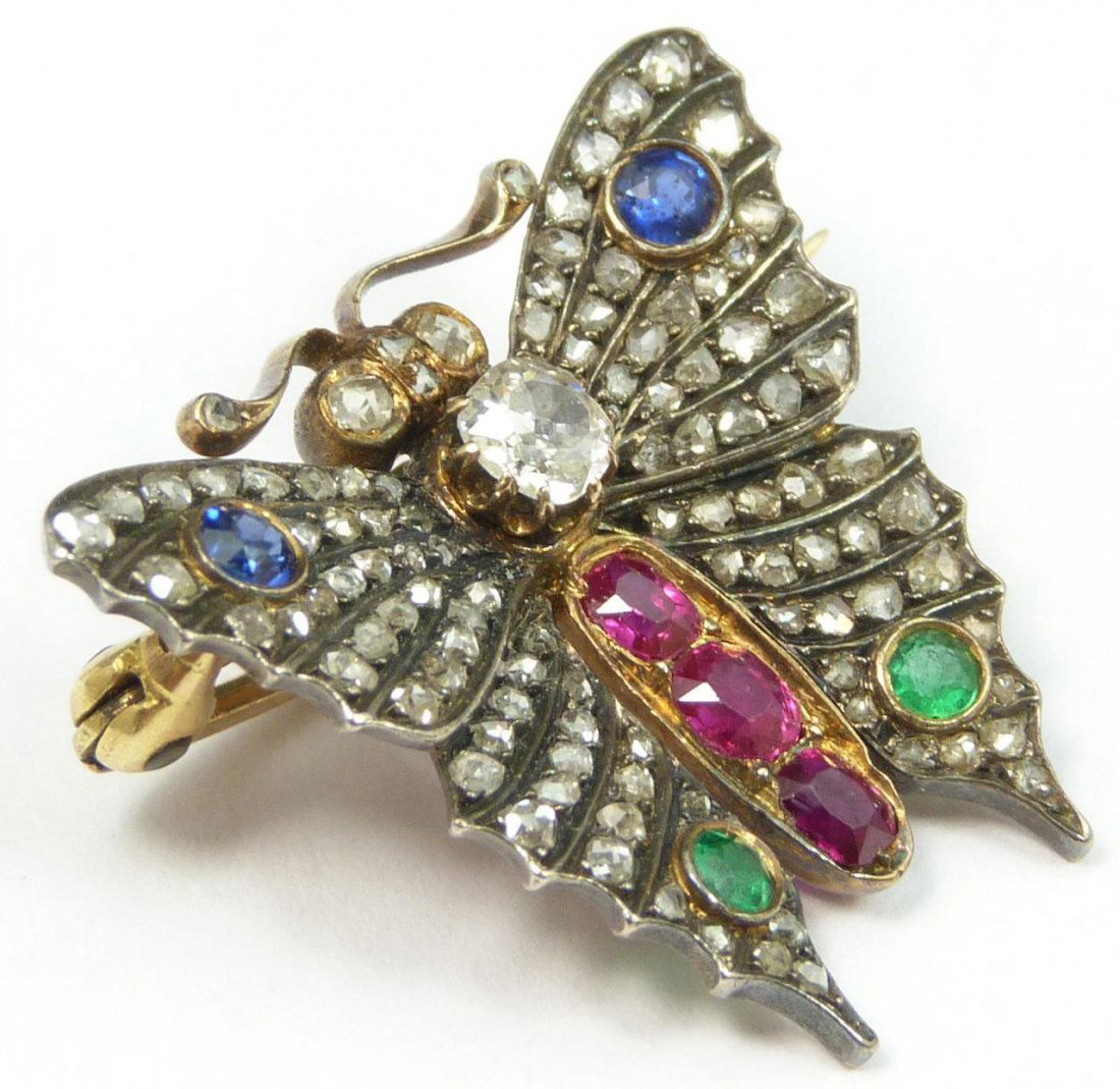 14K YG DIAMOND RUBY EMERALD SAPPHIRE BUTTERFLY PIN (1 of 4)