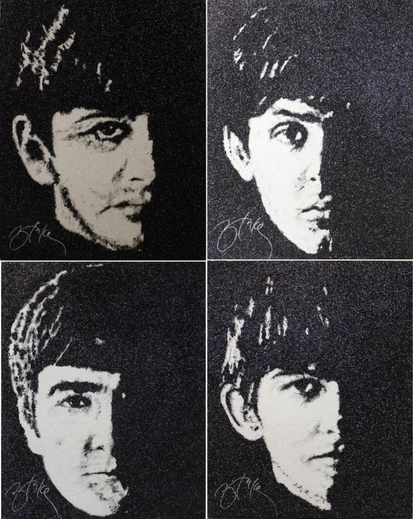 4 WORK SET BLAKE BALLARD OF 'THE BEATLES': A four piece mixed media work depicting 'The Beatles'. All works are of the same size, each depicting a different Beatle; John Lennon, Paul McCartney, George Harrison and Ringo Starr. Pieces measure a