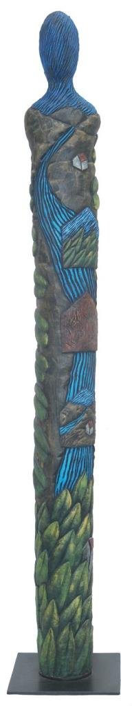 CHRISTINE FEDERIGHI TOTEM FORM STONEWARE SCULPTURE: Christine Federighi (AMERICAN, 1949 - 2006) large hand worked stoneware sculpture with incised acrylic painting. Depicts an abstract river village scene. Titled 'River to Three Houses'. Measures appro