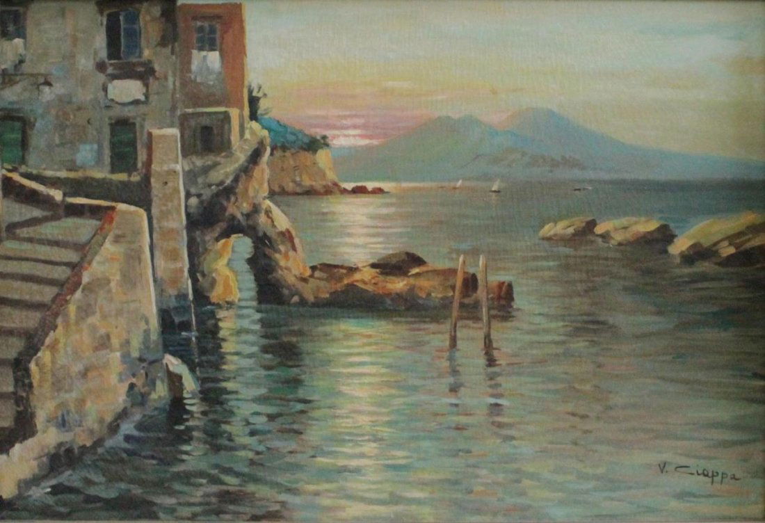 V. CIAPPA OIL PAINTING ON CANVAS OF COASTAL SCENE: V. Ciappa Italian school oil painting depicting a coastal scene with dwellings and stone docks. Mountains scene in the background. Mounted in a gilt wooden frame. Circa the 1st half of the 20th centur