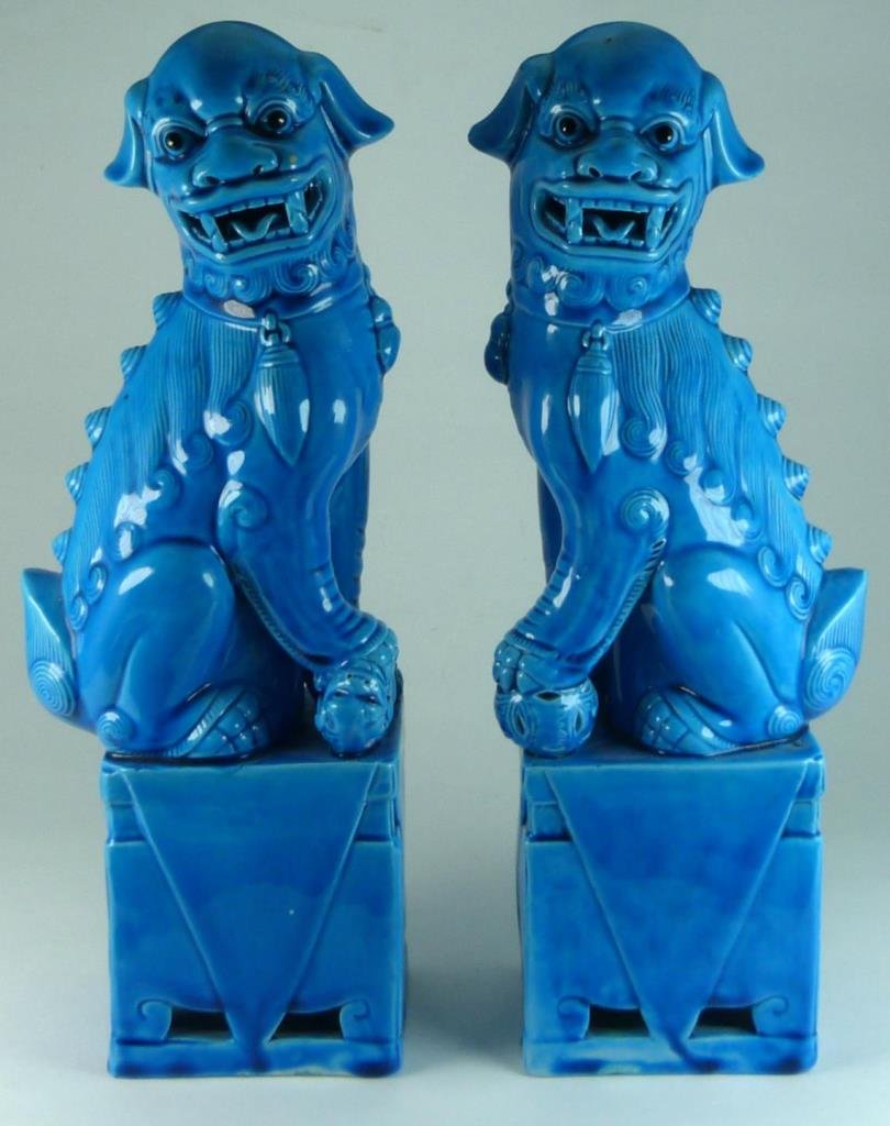 Pr. CHINESE BLUE GLAZE PORCELAIN FOO LIONS (1 of 8)
