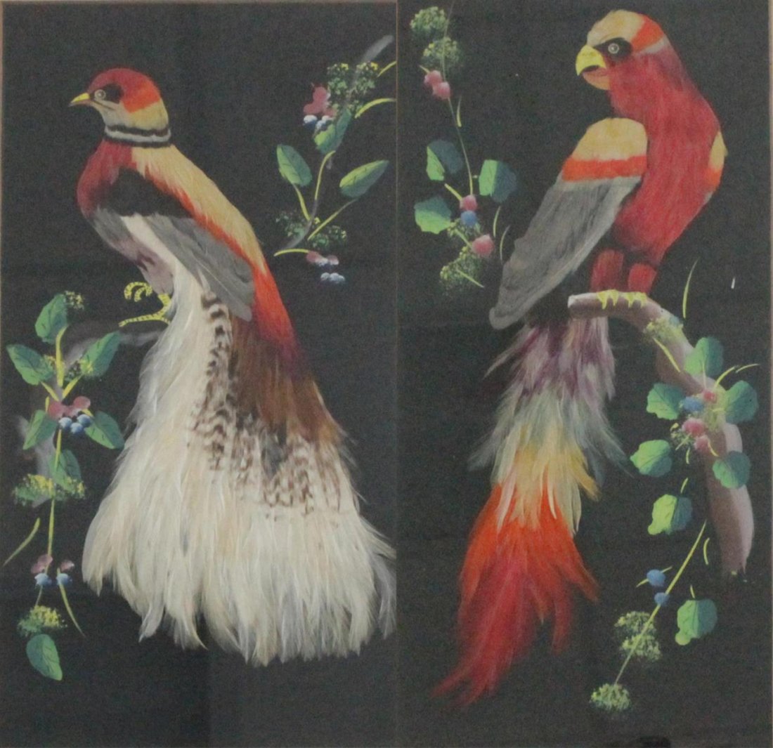 PAIR OF VINTAGE BIRD FEATHER ART MIXED MEDIA (1 of 6)
