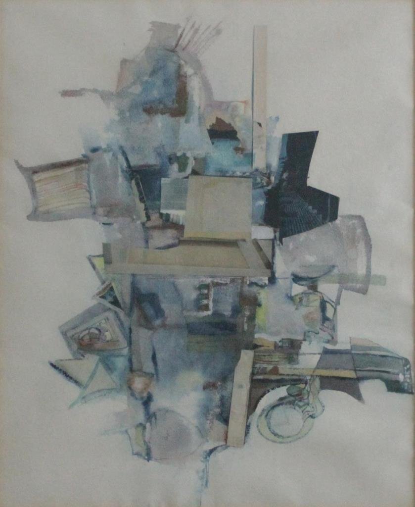 LEA CAMERO MIXED MEDIA WATERCOLOR ON ARTIST PAPER: Lea Camero (AMERICAN, 20th/21st century) mixed media watercolor work on artist paper depicting an abstract scene. Signed 'LEA CAMERO' to lower right and dated 1975. Mounted in a silver tone frame with