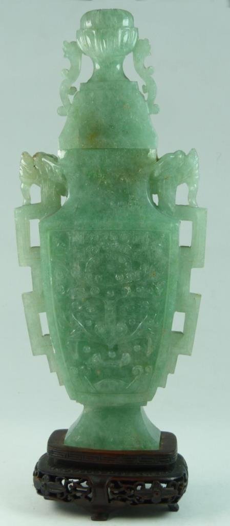 CHINESE CARVED EMERALD JADEITE COVERED URN (1 of 7)