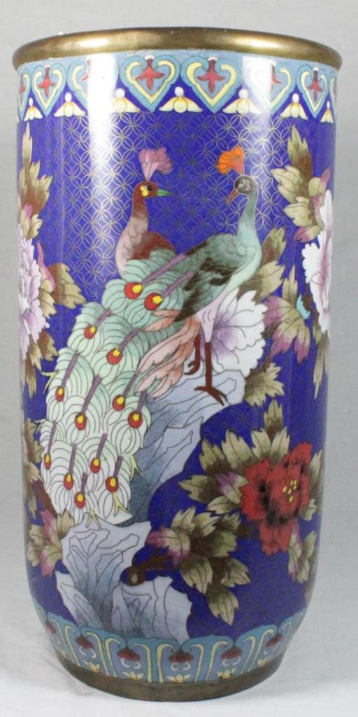 CHINESE CLOISONNE PARADISE BIRDS UMBRELLA STAND: Chinese cloisonne enameled and gilded metal cylindrical umbrella stand depicting paradise birds amongst flowers and branches with pomegranates over cobalt ground. Turquoise interior and bottom. Measur