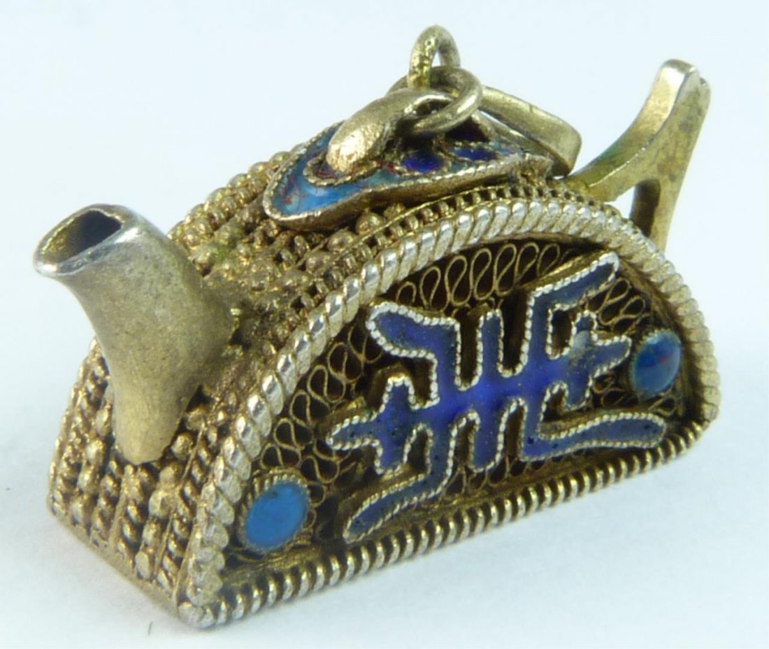 CHINESE SILVER ENAMELED FILIGREE TEA POT CHARM (1 of 7)