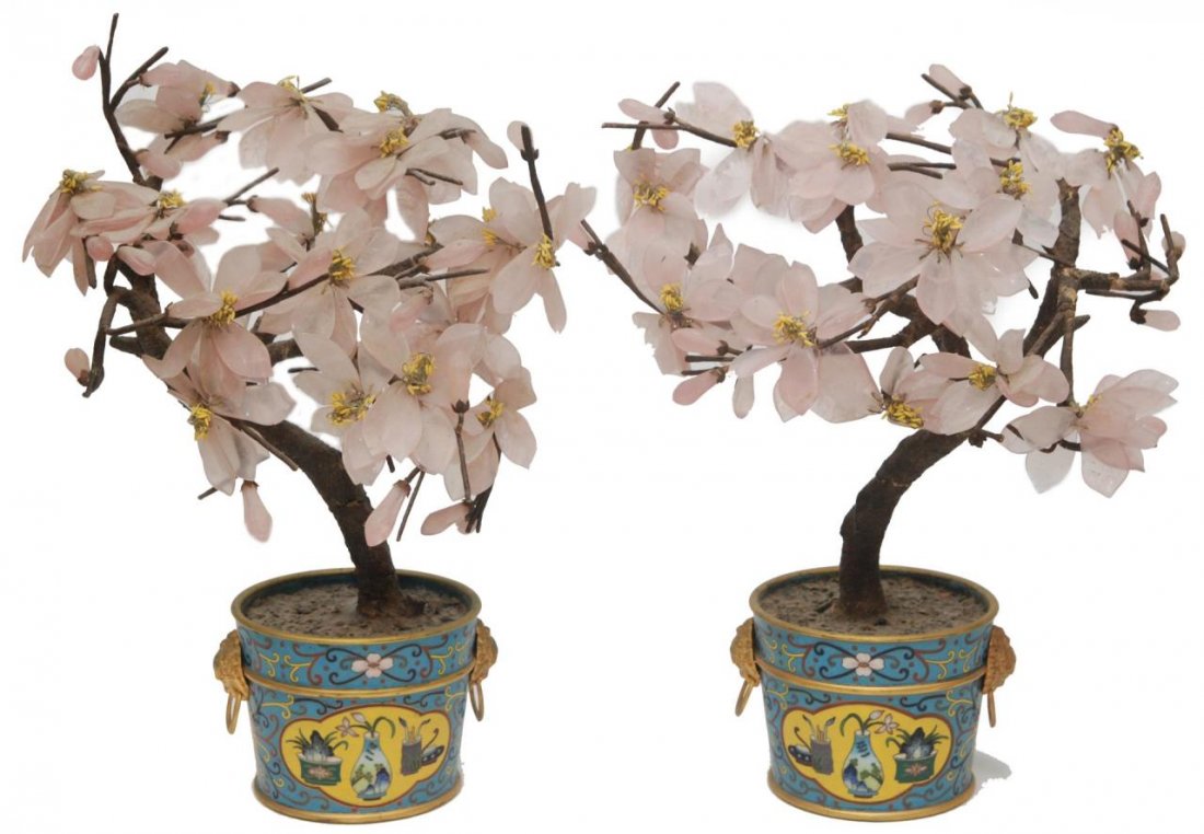 PAIR OF ANTIQUE CHINESE ROSE QUARTZ TREES OF LIFE (1 of 5)