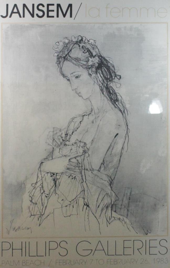 JANSEM LA FEMME POSTER FOR PHILLIPS GALLERIES: Jean Jansem (FRENCH, 1920 - 2013) 'La Femme' poster for Phillips Galleries, Palm Beach February 7 - 26, 1983. Mounted in silver tone metallic frame behind acrylic screen. Measures approx. 35" height x