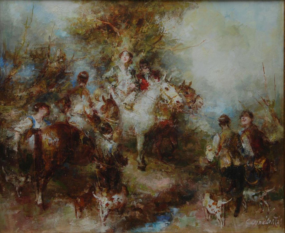 SPANISH OIL PAINTING ON CANVAS OF EQUESTRIAN SCENE (1 of 7)
