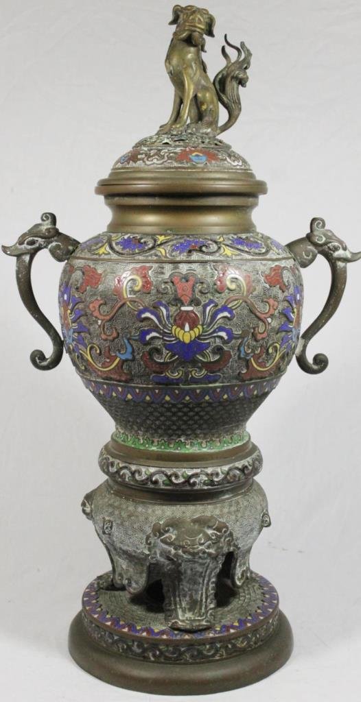 ANTIQUE JAPANESE CHAMPLEVE ENAMELED METAL URN (1 of 7)
