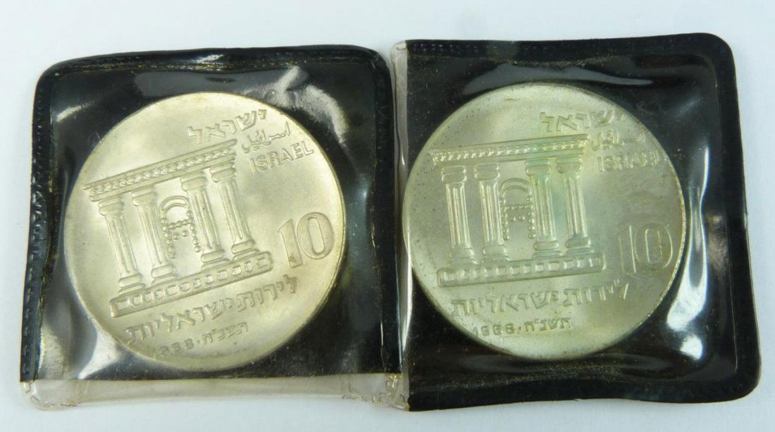 2 ISRAEL 20th ANNIVERSARY SILVER 1968 10 LIROT: 2 Israeli 20th Anniversary silver coins 1948-1968. Each of 10 Lirot. Includes original pouches. Each coin measures approx. 1 1/2" diameter (3.8cm). Coin weight of 1.67ozt. Total weight with pouches ap