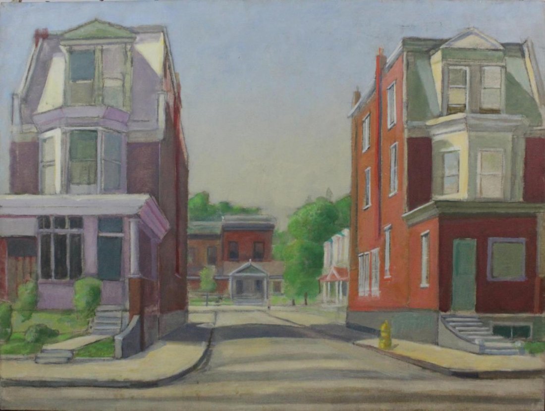 JAMES BONELLI PILADEPHIA STREET OIL ON CANVAS: James Bonelli (AMERICAN, 1916 - 2000) original oil painting on canvas depicting a Philadephia street scene. Measures approx. 23" height x 30" width (59cm x 76cm). Total wieght approx. 1 kilograms. Pro